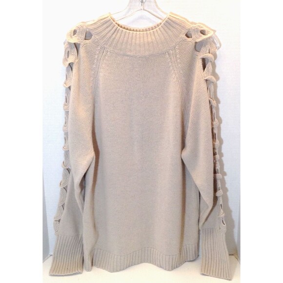 Donna Karen NY Sweater L Beige Tunic Merino Wool Crochet Sleeves Preppy Luxury - Picture 1 of 11